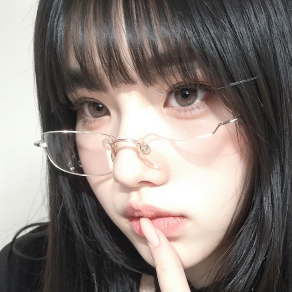 Korean girl with long black hair, straight and with bangs. Ulzzang girl with gothic style and soft face. He has black hair with bangs and pale skin.. He is wearing glasses.