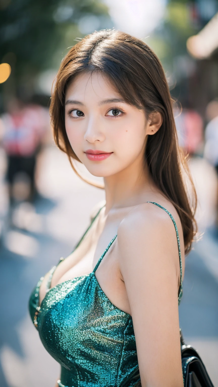 ((Best quality, 8K, masterpiece:1.3))，1girl，18 years old，Asian，Real texture:1.3，(Background blur:1.1)，Dress Up，Tall and slender figure:1.2，(Hot summer weather)，（street:1.3），Highly detailed face and skin textures，Exquisite eyes，Long eyelashes，Double eyelids，Skin Whitening，happy，Various postures，Big breasts