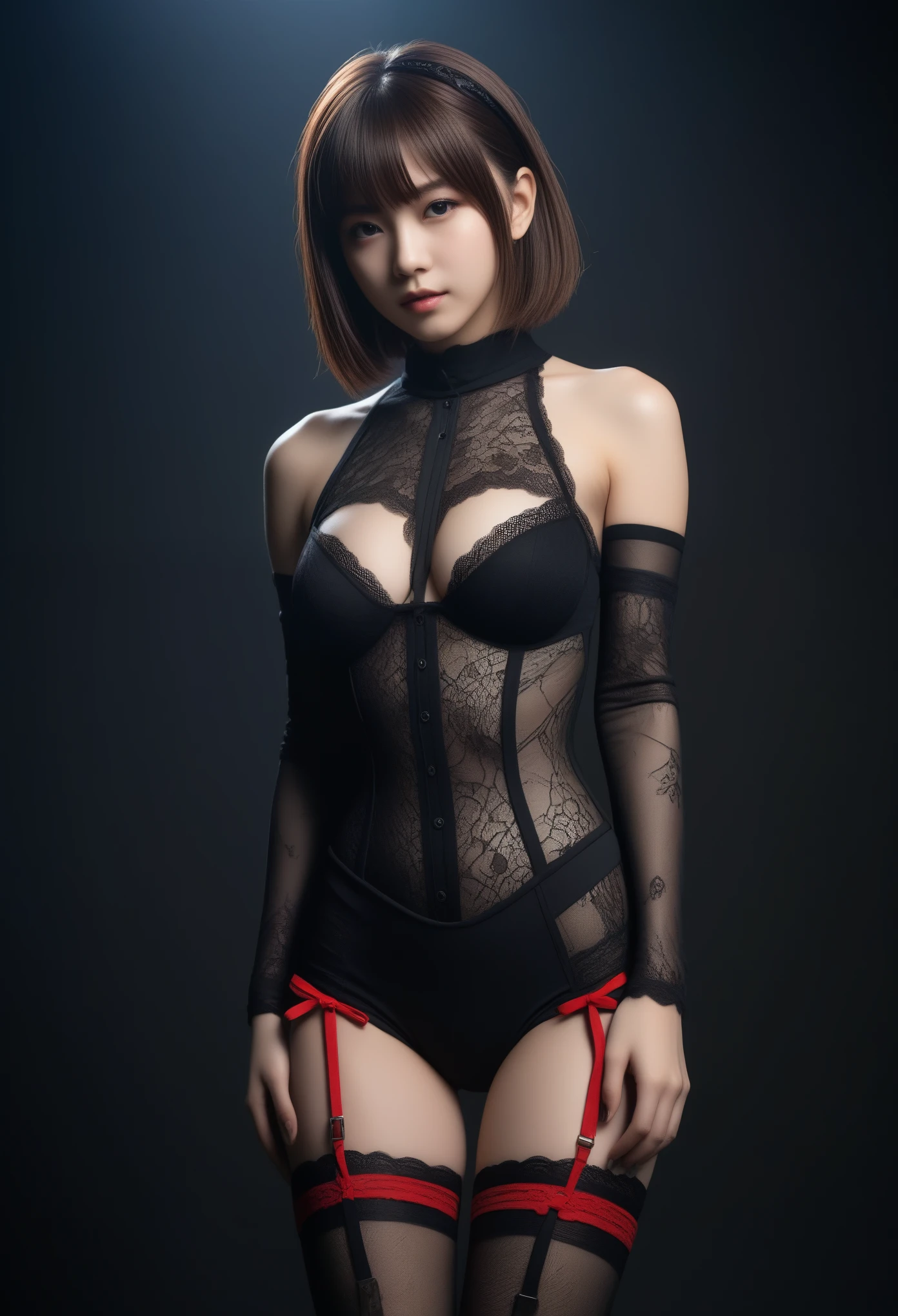 8K, Ultra-high resolution, Highest quality, masterpiece, Surreal, photograph, 1 Girl, (:1.3), pretty girl, Cute face, Beautiful eyes in every detail, 細かくdetailedに,masterpiece,, One Girl:1.2, Japan Female Announcer, Brutal Cyberpunk Woman,Bob Haircut,(Futuristic Leotard:1.05),High leg cut,Lace blouse,(lace stockings with garters), (Red bondage and red gothic lolita)),Arending,Beautiful leg line beauty, (In a post-apocalyptic scenario:1.2),Expression of despair,Dark and atmospheric lighting, This pose expresses a somber ecstasy..,Bold Pose,Looking at the audience、beauty,Long neck、Laugh a little、Please close your mouth and laugh、(((Ideal body type))),A-cup small breasts :2,、Portraiture:2、Perfect Anatomy、鮮明なdetailed、detailed、Surreal、Light and shadow,Strong light