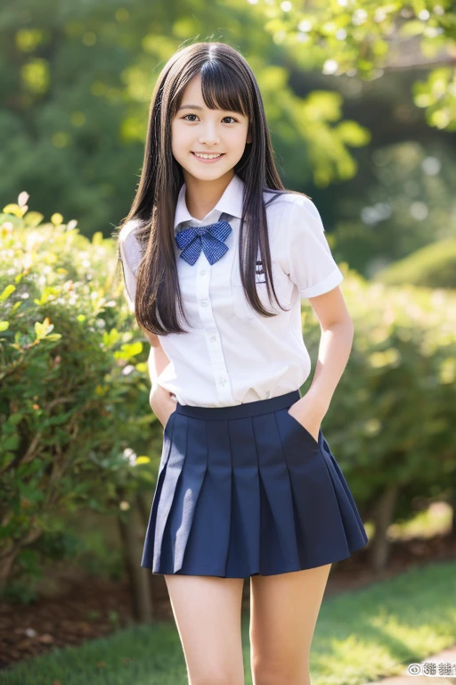 (((masterpiece))),  (Beautiful Japanese Girl, Classmate, Landscape and innocence，cute) ，Ultra-high resolution, Realistic, Ultra-detailed, 8K,Highest quality, Very detailed, Detailed Background,Slender,とてもBeautiful Japanese Girl, Detailed face:1.3), Full-body display，(Short ponytail，Black Hair :1.4), (Baby Face，cute系,Adorable 12 year old girl), (Perfect body:1.1),  (school uniform，mini skirt、Sweating、Small white panties), The best smile,非常にDetailed face、Beautiful thighs，Detailed lips、Detailed eyes、 gravure idol，Clear Skin，Crouching，Girl&#39;s Room