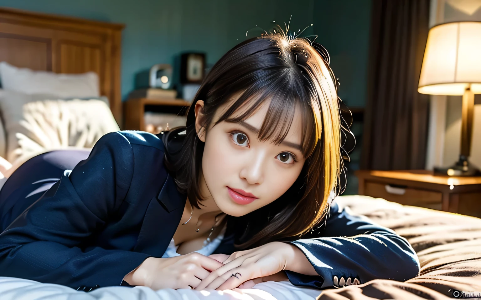 (Photo-realistic quality, Fidelity 1.9, Ultra-high-precision CG integrated 8K wallpaper), (Real skin texture:1.1), View from below:1.4, Physically slim, ((Very cute Japanese office lady lying on the bed in the bedroom)),  Looking up at the viewer, Wearing a black business suit, Black Blazer, (Laughter:0.5), (Pull up your skirt:1.3), Panty shot, pantyhose, (Highest quality, High resolution, masterpiece, Photorealistic:1.4),Anatomically correct human body,