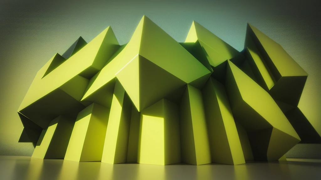 A digitally generated image featuring an abstract geometric pattern composed of interlocking rectangular prisms in dark green and mustard yellow. The overall design creates a sense of depth and dimension with the 3D rendering of the shapes.