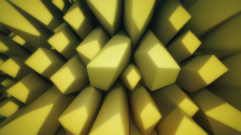 A digitally generated image featuring an abstract geometric pattern composed of interlocking rectangular prisms in dark green and mustard yellow. The overall design creates a sense of depth and dimension with the 3D rendering of the shapes.