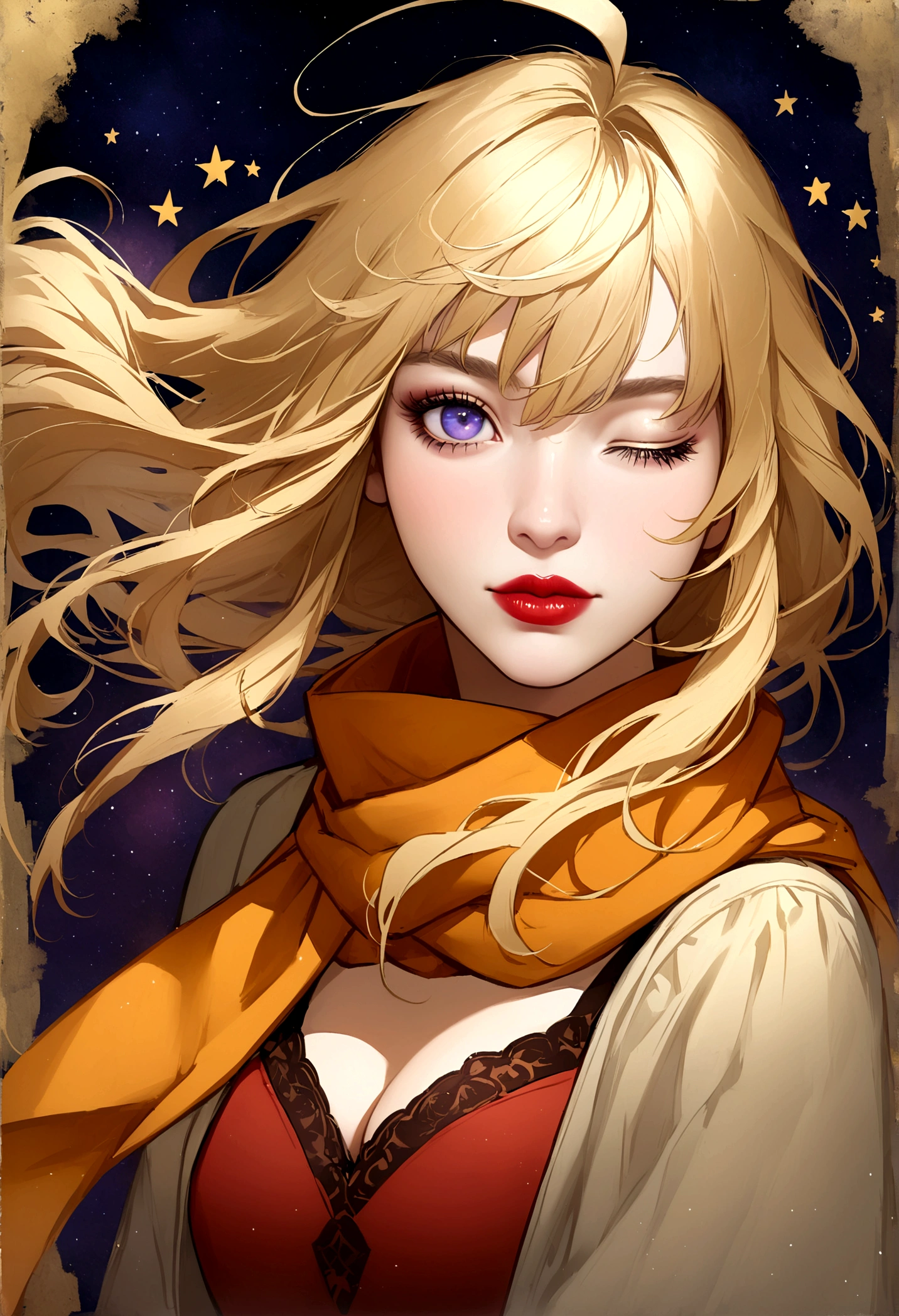 One girl, Ahoge, bangs, Blonde, Throw kiss, blue eyes, blue scarf, brown scarf, Cleavage, Mouth closed, eyelash, face, Floating Hair, Hair between the eyes, heart, lips, lipstick, Long Hair, View your viewers, compensate, night null, nose, Close one eye, orange scarf, pink lips, pink scarf, Portraiture, Purple eyes, Realistic, red lips, red scarf, scarf, sign, 笑face, alone, null間, spoken heart, star (null), starry null, Upper Body, watermark, Yang Xiao Long, yellow scarf