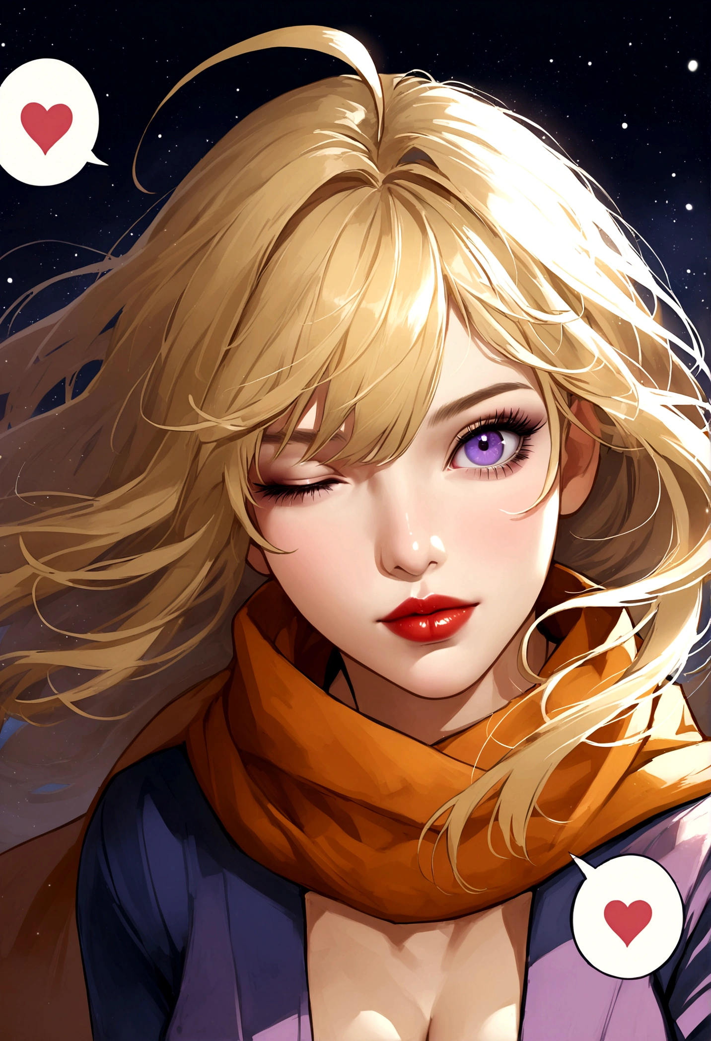 One girl, Ahoge, bangs, Blonde, Throw kiss, blue eyes, blue scarf, brown scarf, Cleavage, Mouth closed, eyelash, face, Floating Hair, Hair between the eyes, heart, lips, lipstick, Long Hair, View your viewers, compensate, night null, nose, Close one eye, orange scarf, pink lips, pink scarf, Portraiture, Purple eyes, Realistic, red lips, red scarf, scarf, sign, 笑face, alone, null間, spoken heart, star (null), starry null, Upper Body, watermark, Yang Xiao Long, yellow scarf