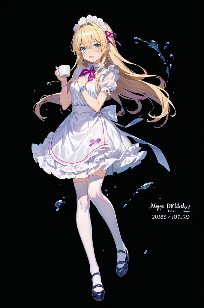 anime girl in Maid clothes holding a cup of coffee, Maid clothesを着たアニメの女の子, Anime Barbie in White Stockings, Gorgeous maid, , Maid clothes, Maid clothesを着たアニメの猫娘, blonde anime girl with long hair, Cute anime waifu in a nice dress, Anime Moe Art Style, Splash Art Anime , birthday、Holding a bouquet、Tears of joy、From the chest up