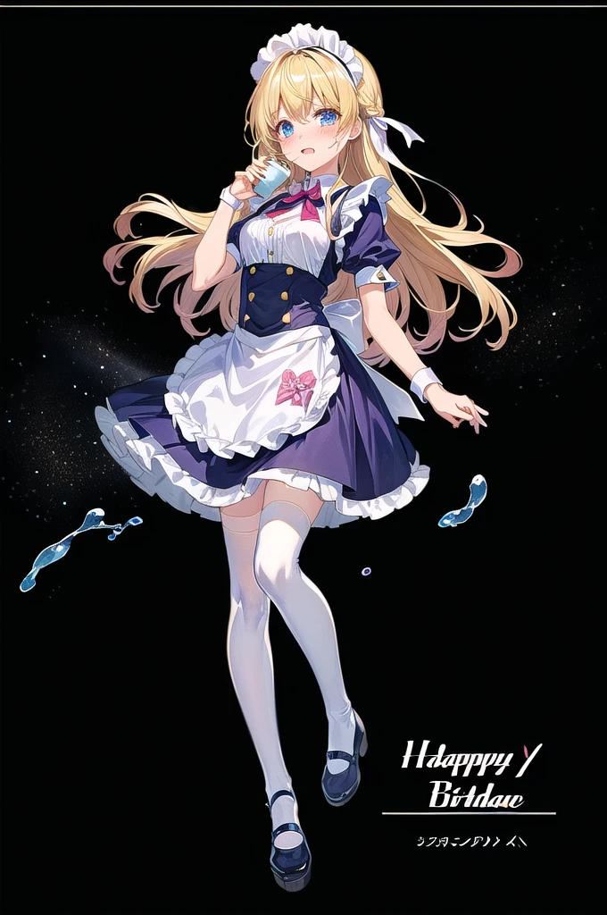 anime girl in Maid clothes holding a cup of coffee, Maid clothesを着たアニメの女の子, Anime Barbie in White Stockings, Gorgeous maid, , Maid clothes, Maid clothesを着たアニメの猫娘, blonde anime girl with long hair, Cute anime waifu in a nice dress, Anime Moe Art Style, Splash Art Anime , birthday、Holding a bouquet、Tears of joy、From the chest up