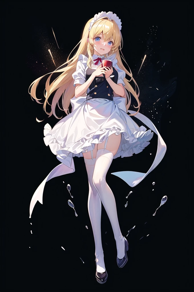 anime girl in Maid clothes holding a cup of coffee, Maid clothesを着たアニメの女の子, Anime Barbie in White Stockings, Gorgeous maid, , Maid clothes, Maid clothesを着たアニメの猫娘, blonde anime girl with long hair, Cute anime waifu in a nice dress, Anime Moe Art Style, Splash Art Anime , birthday、Holding a bouquet、Tears of joy、From the chest up