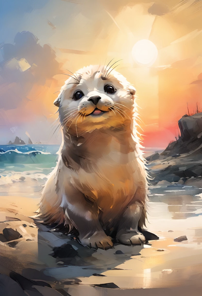 Masterpiece Illustration, high quality, high resolution 16k, a painting of a baby seal with a smile on it's face sitting on a Ocean Shore, Stunning sunset background , (fisheye camera), funny cartoonish trend in Art Station, playful smile, 🍁 cute, inspired by Ruben Tam, very cute facial features, , small in size, long pointed ears, artistic style, oil and watercolor painting