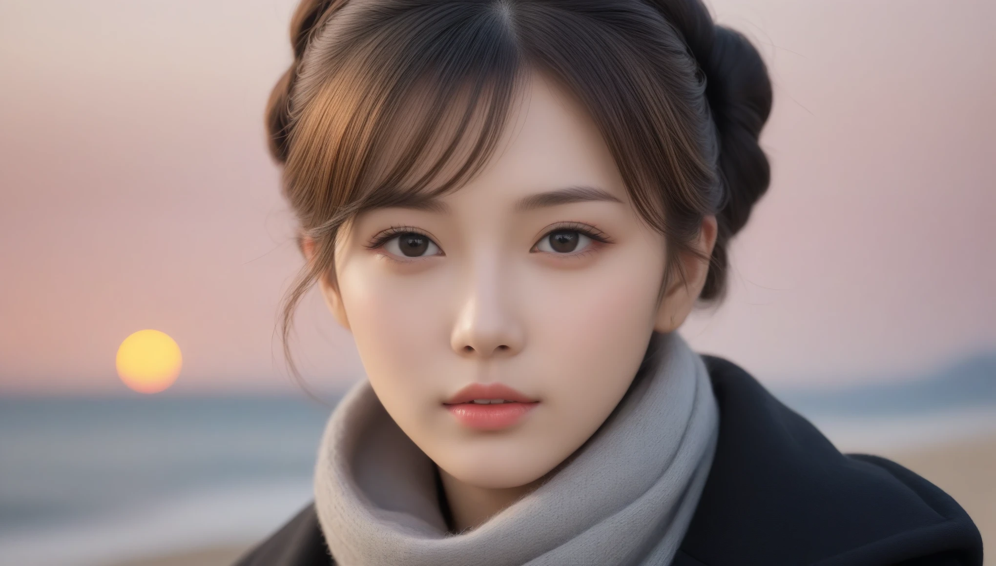 8K, 超High resolution, Highest quality, masterpiece, Surreal, photograph,Three-part method, 1 Girl, (:1.3), pretty girl, Cute face, Beautiful eyes in every detail,Japan Female Announcer,Close Up、Young Wife,(Wearing a long winter coat and scarf、Close-up of a thin black double-sided updo:1.5)、(The girl turned around with a sad look on her face.。, Her hair blowing in the wind on a winter beach:1.5)、(Blurred Background:1.5)、(red sky at sunset:1.5)、(Perfect Anatomy:1.5)、(Complete Hand:1.3)、(Full Finger:1.3)、Realistic、生photograph、Tabletop、Highest quality、High resolution、Delicate and beautiful、Perfect Face、Beautiful details、Fair skin、Real human skin,super cute super model、Look closely at the camera 、鮮明なdetailed、detailed、Surreal、Light and shadow,Strong light,Fashion magazine cover,Thin lips