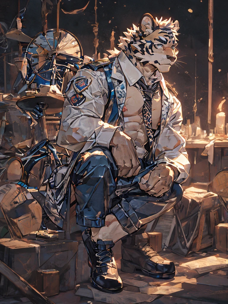 {{bara extremely handsome white tiger,}} {{white fur,}} white, wearing military like purple trench coat, purple trousers, white dress shirt and necktie, white fluffy furry body and limbs, loafers, very tall, very broad shoulders, narrow waist, muscular arms, massive pecs, purple eyes, very long legs, sitting on swivel chair with legs spread, perspective, massive bulge, reading file, sophisticated hot look, sexy pose, full body, sunlight casting over, 3/4 view, best quality, high quality, silver earring on left ear, sultry smirk