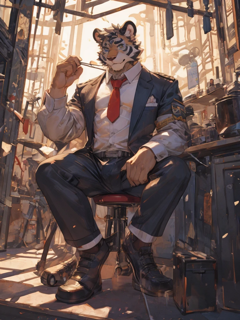 {{bara extremely handsome white tiger,}} {{white fur,}} white, wearing military like purple trench coat, purple trousers, white dress shirt and necktie, white fluffy furry body and limbs, loafers, very tall, very broad shoulders, narrow waist, muscular arms, massive pecs, purple eyes, very long legs, sitting on swivel chair with legs spread, perspective, massive bulge, reading file, sophisticated hot look, sexy pose, full body, sunlight casting over, 3/4 view, best quality, high quality, silver earring on left ear, sultry smirk