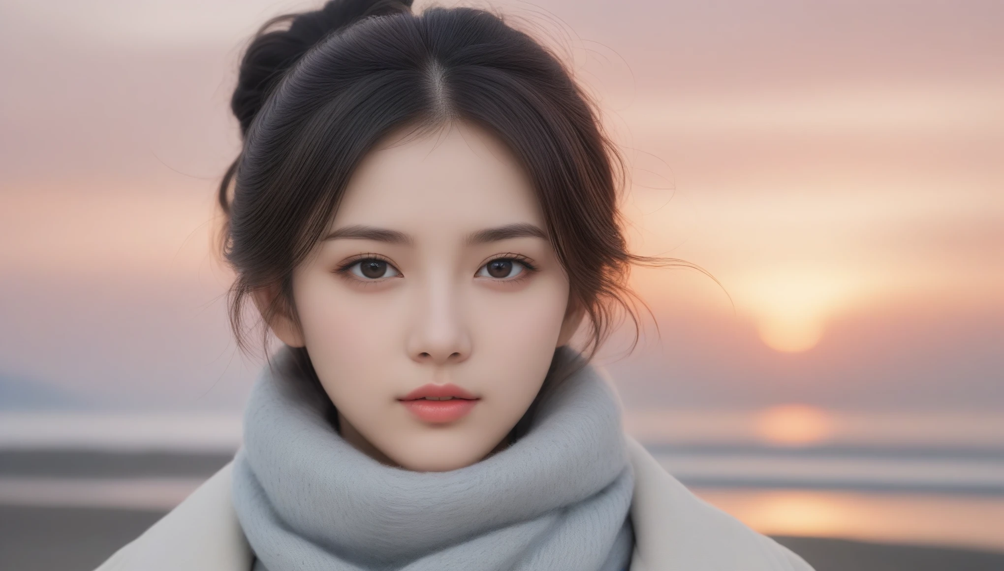 8K, 超High resolution, Highest quality, masterpiece, Surreal, photograph,Three-part method, 1 Girl, (16 years old:1.3), pretty girl, Cute face, Beautiful eyes in every detail,Japan Female Announcer,Close Up、Young Wife,(Wearing a long winter coat and scarf、Close-up of a thin black double-sided updo:1.5)、(The girl turned around with a sad look on her face.。, Her hair blowing in the wind on a winter beach:1.5)、(Blurred Background:1.5)、(red sky at sunset:1.5)、(Perfect Anatomy:1.5)、(Complete Hand:1.3)、(Full Finger:1.3)、Realistic、生photograph、Tabletop、Highest quality、High resolution、Delicate and beautiful、Perfect Face、Beautiful details、Fair skin、Real human skin,super cute super model、Look closely at the camera 、鮮明なdetailed、detailed、Surreal、Light and shadow,Strong light,Fashion magazine cover,Thin lips
