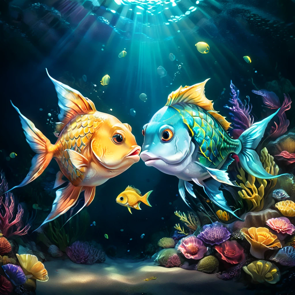 A cute fish with shiny scales couple on a date in the dark depths of the sea, deep ocean life, fantasy, children's storybook illustration,vibrant colors,detailed lighting, dramatic shadows, whimsical,highly detailed,digital art,concept art,4k,8k,photorealistic,masterpiece,ultra-detailed