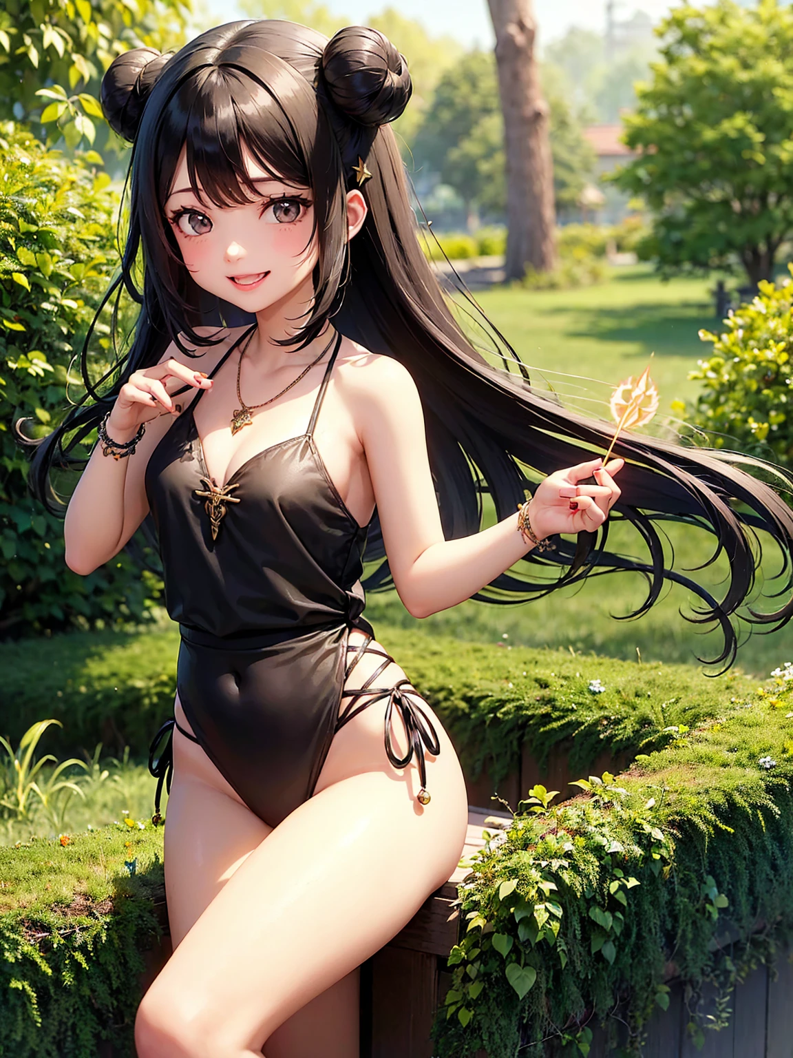 girl wearing green masic dress,(Casting a Spell:1.5)、、,Black Hair、girl、Bun Hair、hair ornaments、necklace、back、Devil horns、Anatomically correct、Swimwear、race、smile