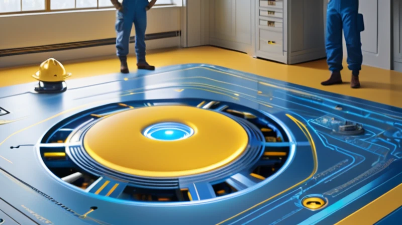 Digital illustration of a futuristic workshop with a warm, golden glow. Three makers in blue overalls and yellow hard hats working on a large, floating holographic blueprint on the floor. Above them, a massive glowing UFO-like device with intricate circuitry and blue energy rings. Workshop filled with a mix of traditional tools and high-tech gadgets. Soft light streaming through windows on the left. Include a curious cat observing the scene. Color palette: warm yellows, cool blues, and neutral grays. Style: hyper-realistic digital painting with a touch of whimsy. Lighting: dramatic contrast between the warm glow of the central area and cooler shadows in the corners.