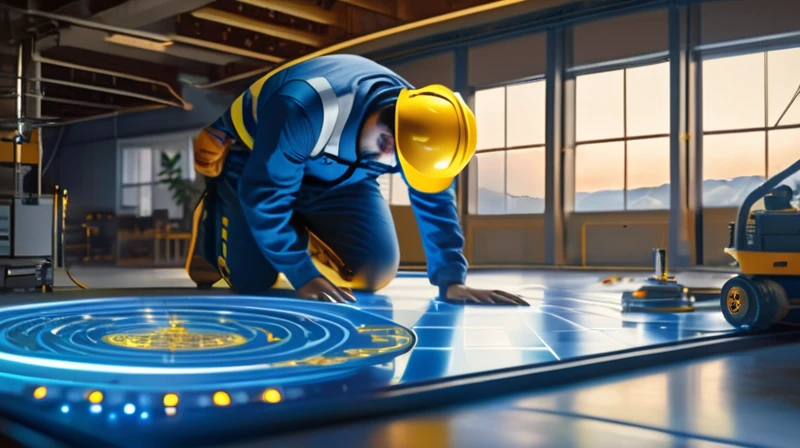 Digital illustration of a futuristic workshop with a warm, golden glow. Three makers in blue overalls and yellow hard hats working on a large, floating holographic blueprint on the floor. Above them, a massive glowing UFO-like device with intricate circuitry and blue energy rings. Workshop filled with a mix of traditional tools and high-tech gadgets. Soft light streaming through windows on the left. Include a curious cat observing the scene. Color palette: warm yellows, cool blues, and neutral grays. Style: hyper-realistic digital painting with a touch of whimsy. Lighting: dramatic contrast between the warm glow of the central area and cooler shadows in the corners.