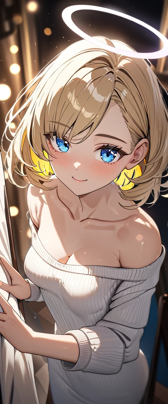 ((angel, big big white wings:1.3, halo:1.3)), (((cowboy shot))), ((flying)), archangel Uriel, ((wavy hair, outward curled hair)), evening, Sunset, ((blond hair, bob cut:1.3)), breasts, teenager, (looking at viewer), oversized clothes, puffy long sleeves, collarbone, ((off-shoulder sweater dress:1.3, Quite thick shoulder straps)), (((sleeves past wrists:1.3))), ((white sweater)), collarbone, head tilt:1.3, (((blue eyes))), ((happy smile)), (((anime style))), (best quality, 4K, 8K, highres, masterpiece:1.2, ultra-detailed, ultra-detailed eyes, HDR, uhd, studio lighting, ultra-fine painting, sharp focus, physically-based rendering, extreme detail description, professional, vivid colors, bokeh), ((Highest quality, Best image quality, Ultra-high resolution, Ultra-high resolution, solo, Strong eye highlights)), Depth of written boundary, Natural soft light, attractive, Beautiful Face, Cleanliness, Pure Face, medium chest, Beautiful Face, Perfect Fingers, Perfect hands, Perfect body, Perfect Face, Shine a light into your eyes, Perfect Anatomy