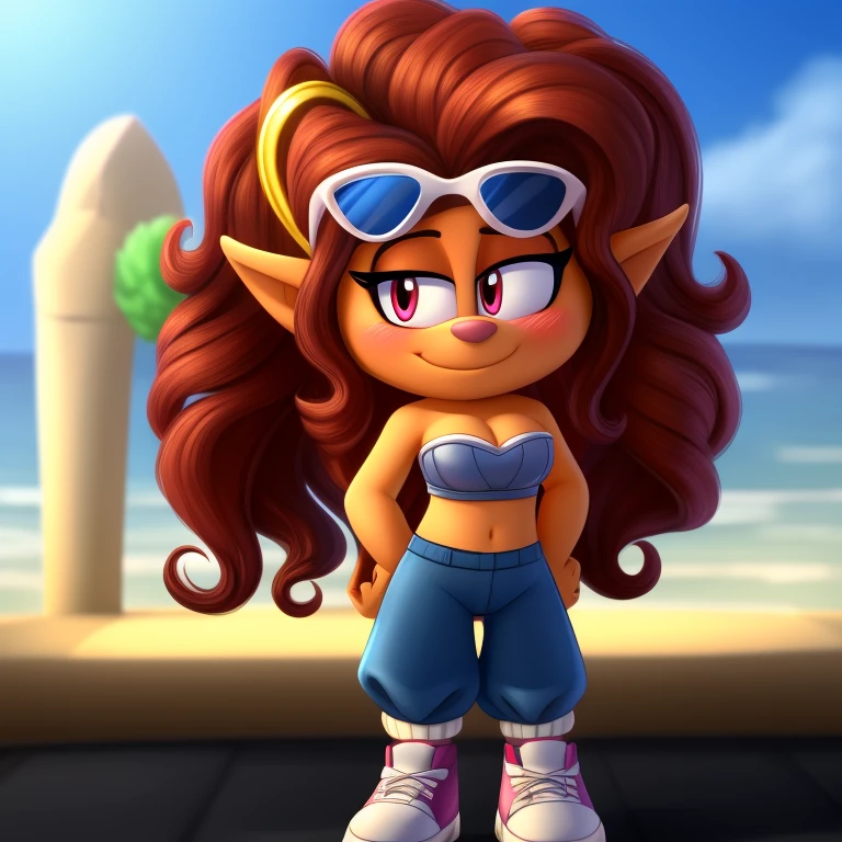 Delta dawn, trolls, strapless crop top, baggy pants, high-top sneakers, cleavage, two-tone hair (brown hair, black tip)), curly hair, halo, sunglasses, jewelry, red eyes, longeyelashes, red eyes, smile, shy, blush, high detail, masterpiece, UHD, anatomically correct, super detail, highres, 4K