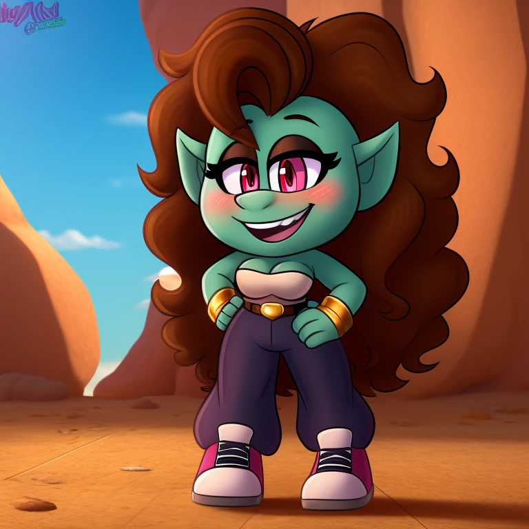 Delta dawn, trolls, strapless crop top, baggy pants, high-top sneakers, cleavage, two-tone hair (brown hair, black tip)), curly hair, halo, sunglasses, jewelry, red eyes, longeyelashes, red eyes, smile, shy, blush, high detail, masterpiece, UHD, anatomically correct, super detail, highres, 4K
