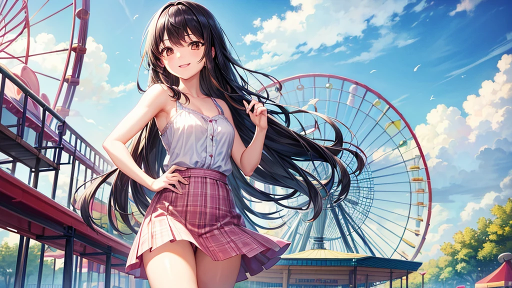 amusement park , One Girl , Black Hair , Long Hair , Brown eyes , smile , summer , Date , Cute Anime Girl