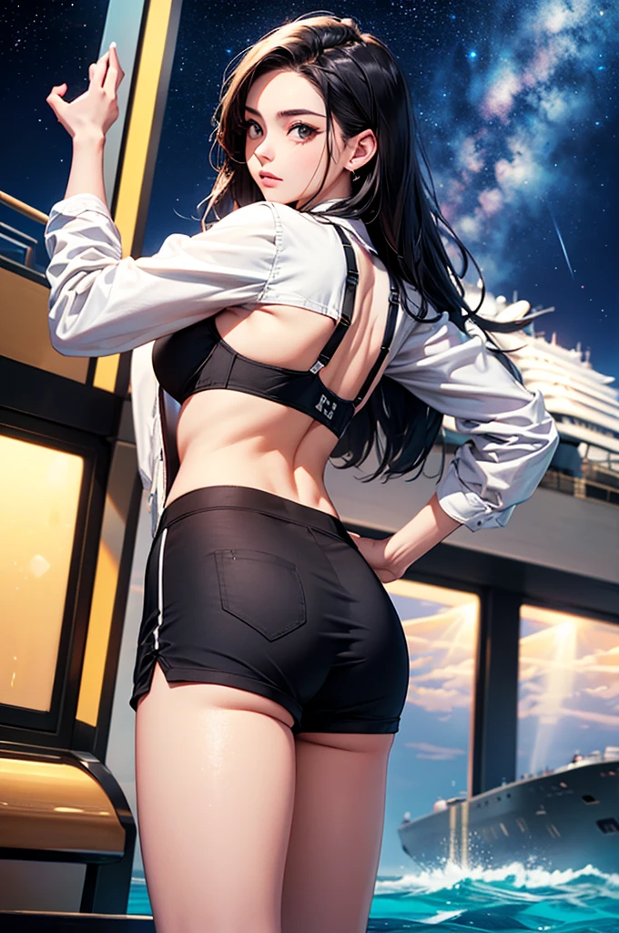 (masterpiece:1.5, Highest quality, Very detailed、 Dutch Angle、Realistic、2.5D、Realistic)(One Girl, alone)(Silver Hair:1.6,,Straight Long Hair)(Sports Bra、Jacket:1.5、Shorts、tightedium breasts, Beautiful cleavage,underboob))(from backside),(Beautiful starry sky、Mystical Night、Particles of light float around the woman、Fantastic space、Ocean、luxury passenger ship)
