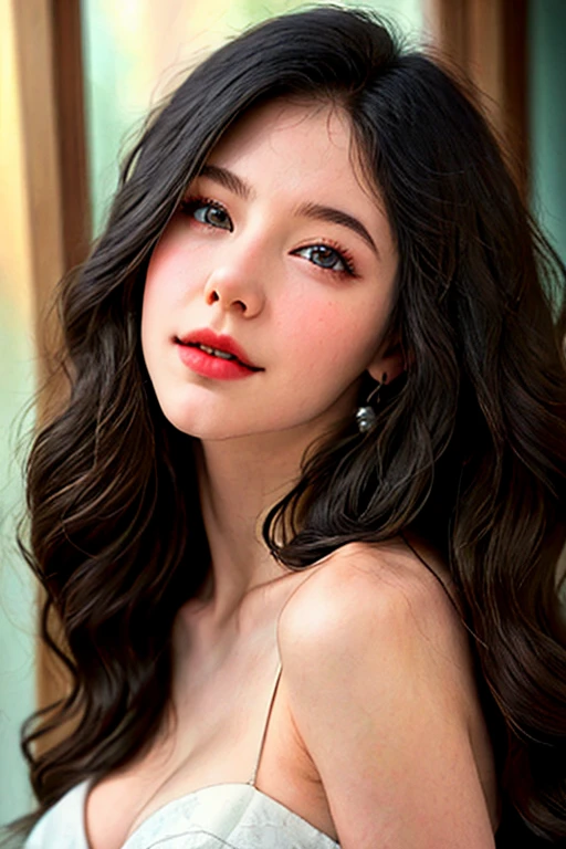 Realistic, ultra-detailed, surreal, 1girl, smile, soft expression, detailed eyes, detailed lips, detailed nose, detailed skin, long eyelashes, flowing hair, windblown hair, soft ambient lighting, warm lighting, Glowing skin, natural light, calm,