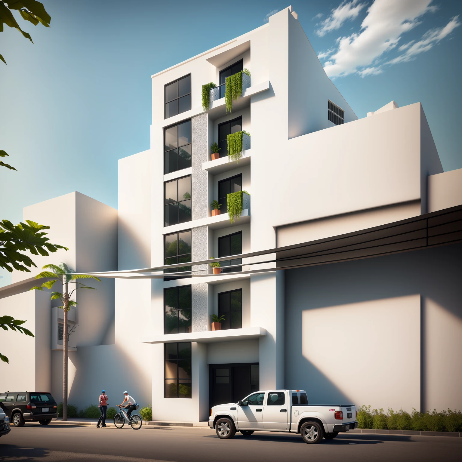 there is a white truck parked in front of a building, freddy mamani silvestre facade, lumion render, building facing, render vray, mid-view, render 3 d, render corona, architecture render, render in vray, realistic render, architectural render, vray render, full building, architectural 3 d render, realistic building, front-view, rendering