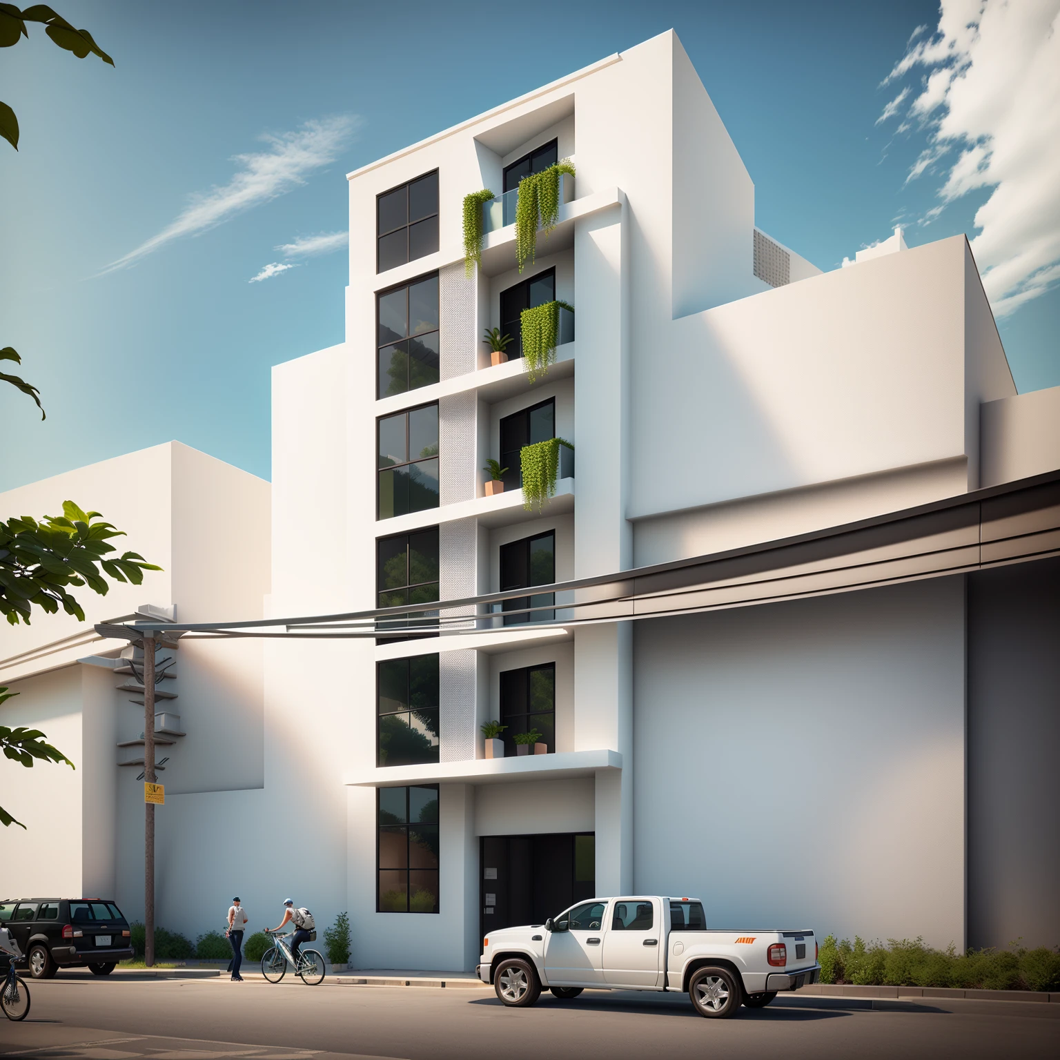 there is a white truck parked in front of a building, freddy mamani silvestre facade, lumion render, building facing, render vray, mid-view, render 3 d, render corona, architecture render, render in vray, realistic render, architectural render, vray render, full building, architectural 3 d render, realistic building, front-view, rendering