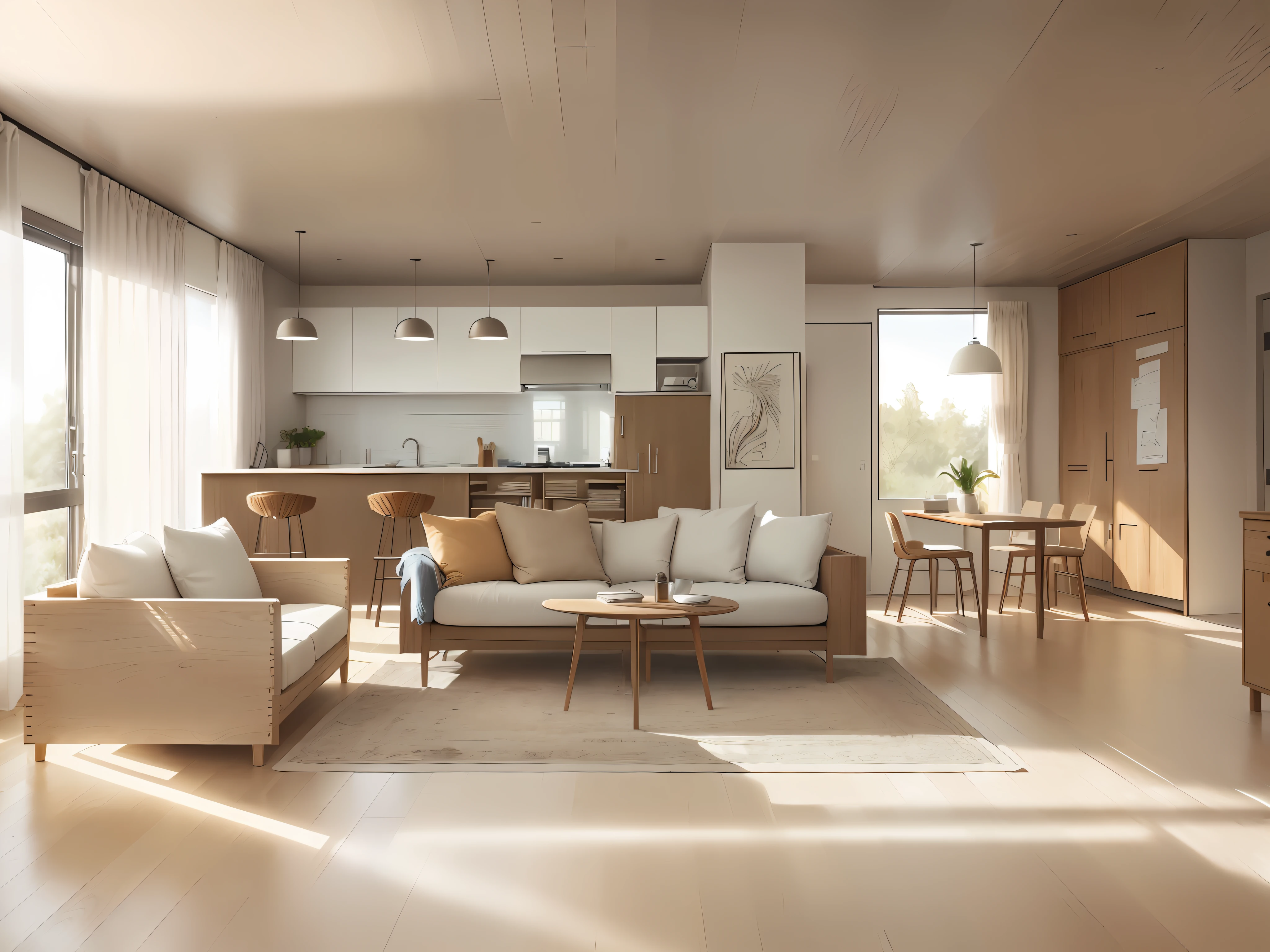 a sketch of a beautiful modern living room, (((foster and partners, artists impression, artistic impression, by Hamish MacDonald, by Carey Morris, by David Brewster, higher detailed illustration, by Helen Berman, an illustration, detailed illustration, by Nick Fudge, by Warren Mahy, artist's impression))), a red kitchen cabinet behind the white sofa, with minimal pictures on the wall, linen curtain next to the classroom window, coffee table, modern wood, ceiling with magnetic emissive lighting, white fabric PRB textures, wooden floor PRB texture,