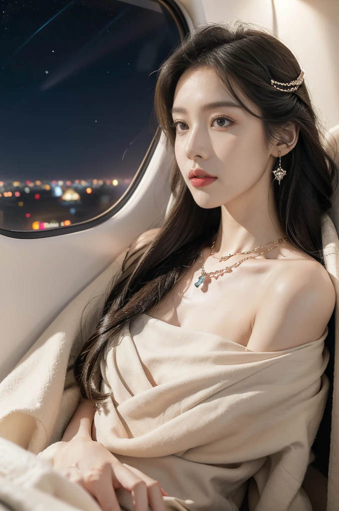 (((best quality))),(((ultra detailed))),(((masterpiece))),illustration,(a beautiful girl,female passenger,solo),(parted red lips),((slim,thin,small breasts,flat chest)),((earrings,crystal necklace)),(slender legs:1.2),(spread legs apart:1.3),summer night,((in airplane,economy class,indoor)),(blanket over shoulders:1.3),((dress)),(shoulder length straight bob hair:1.2),stars,moonlight,smooth flight,engine sound,lullaby,relaxed,excited,laughing,visiting family,comfortable seats,soft fabric,headrests,adjustable,beauty of night sky,dimmed lights,sleeping passengers,movies,personal screens,staying awake,magic of sky,joy of being with family,memorable journey,adventures,(surrounded by crowded crowds:1.3),(Outside the window is high-altitude night view:1.2),((from front,upper body))