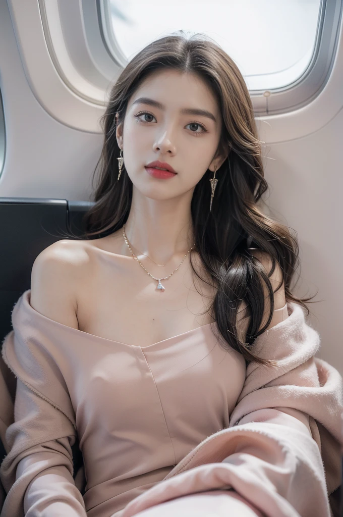 (((best quality))),(((ultra detailed))),(((masterpiece))),illustration,(a beautiful girl,female passenger,solo),(parted red lips),((slim,thin,small breasts,flat chest)),((earrings,crystal necklace)),(slender legs:1.2),(spread legs apart:1.3),summer night,((in airplane,economy class,indoor)),(blanket over shoulders:1.3),((dress)),(shoulder length straight bob hair:1.2),stars,moonlight,smooth flight,engine sound,lullaby,relaxed,excited,laughing,visiting family,comfortable seats,soft fabric,headrests,adjustable,beauty of night sky,dimmed lights,sleeping passengers,movies,personal screens,staying awake,magic of sky,joy of being with family,memorable journey,adventures,(surrounded by crowded crowds:1.3),(Outside the window is high-altitude night view:1.2),((from front,upper body))