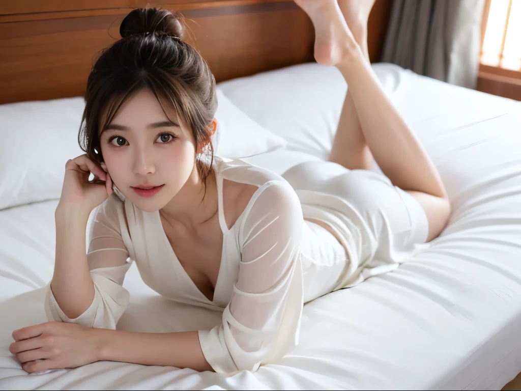 nsfw, japanese woman, 20 years old, ((((tareme)))), hair bun, white blouse, long skirt, hotel, lying on the bed, full body, right leg up, accurate, textured skin, super detail, high details, high quality, best quality,