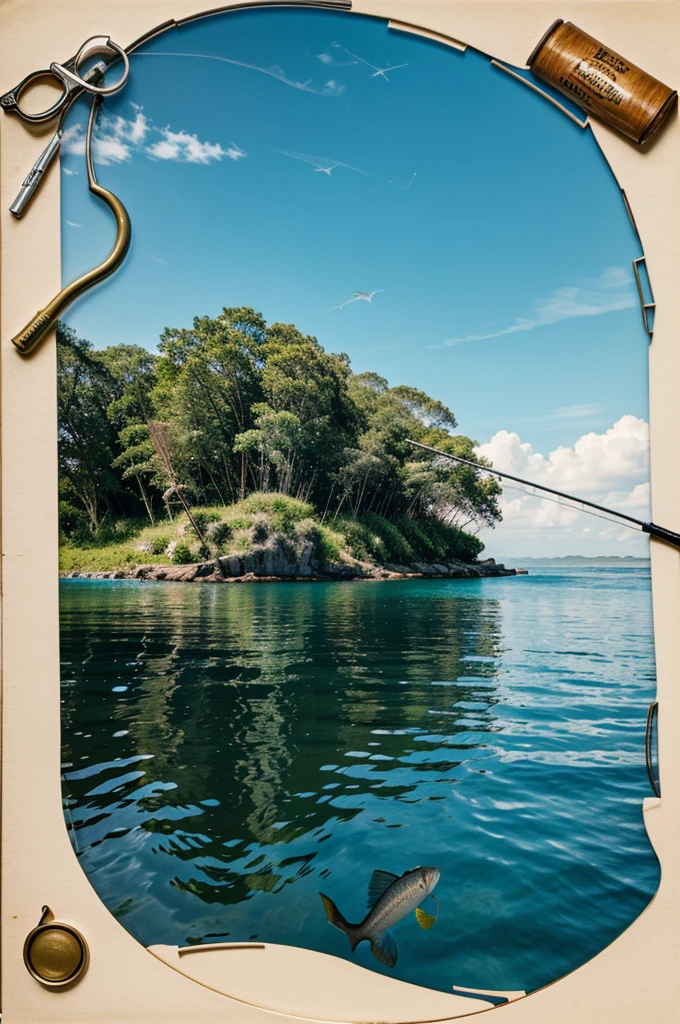 island illustration, on which a man catches fish with a fishing rod