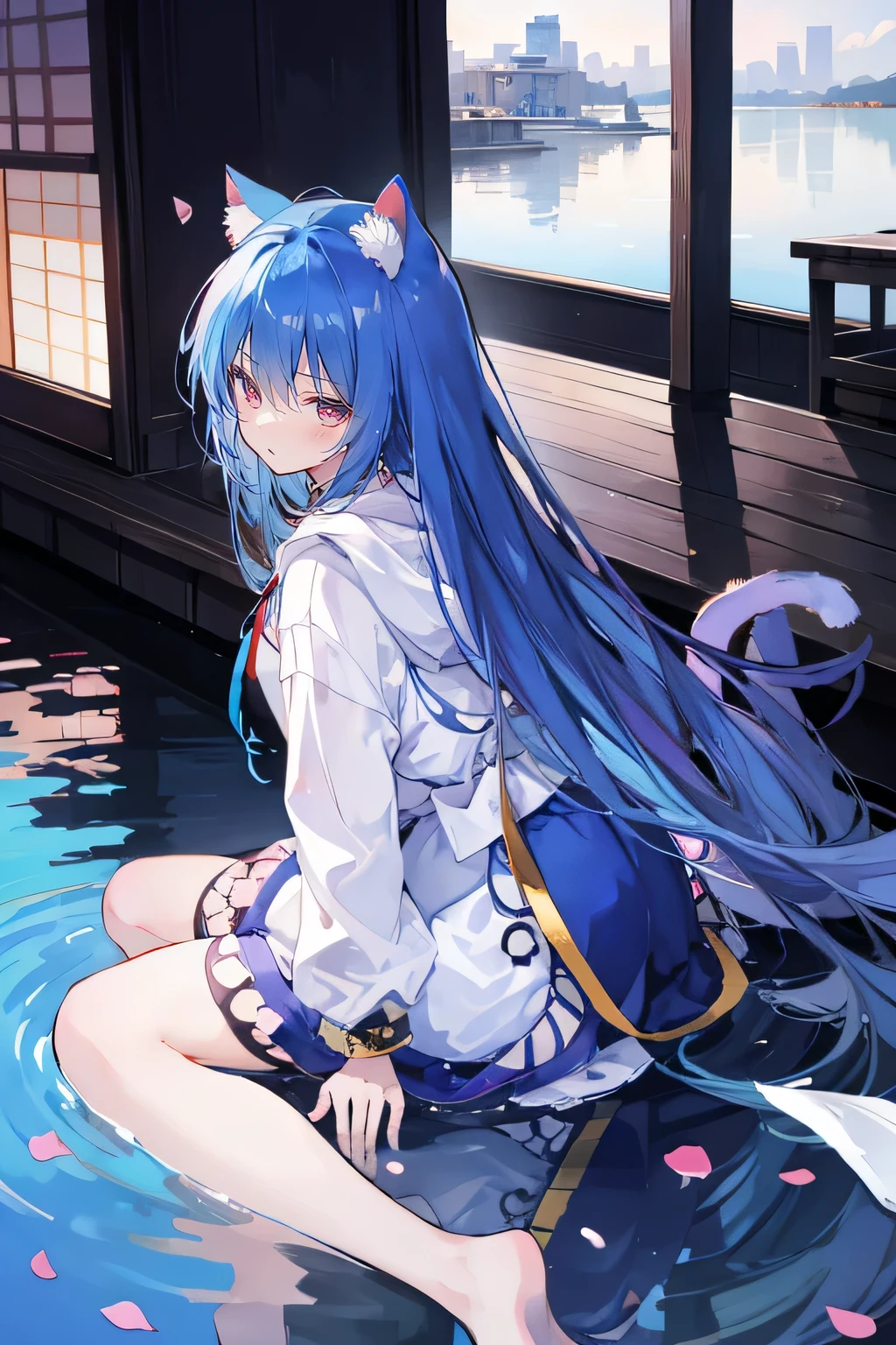 （masterpiece：1.2），Super detailed，lifelike，Expressive eyes，fair skin，perfect face shape，1 girl，
Japanese comics,Gorgeous blue hair,flowing blue hair,flowing clothes,Cat ears,Petals fall,beautiful lola,Baby Angel,
Shaking head with one hand，Cross your legs，Gentle and peaceful background，The pavilion is cool and comfortable,smile, wearing hoodie, background of tokyo,back views, winter,lie on the water。