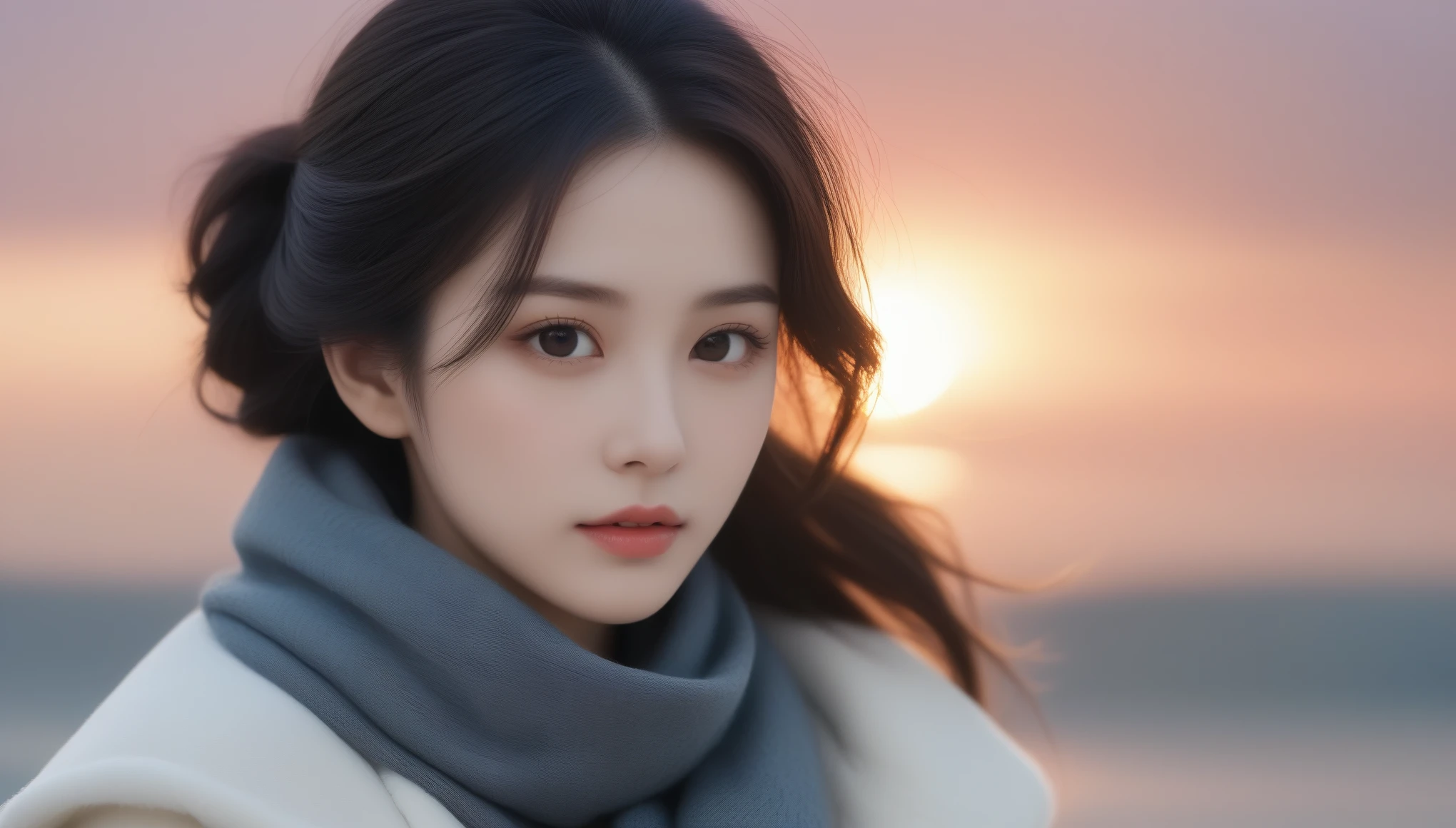 8K, 超High resolution, Highest quality, masterpiece, Surreal, photograph,Three-part method, 1 Girl, (16 years old:1.3), pretty girl, Cute face, Beautiful eyes in every detail,Japan Female Announcer,Close Up、Young Wife,(Wearing a long winter coat and scarf、Close-up of a thin black double-sided updo:1.5)、(The girl turned around with a sad look on her face.。, Her hair blowing in the wind on a winter beach:1.5)、(Blurred Background:1.5)、(red sky at sunset:1.5)、(Perfect Anatomy:1.5)、(Complete Hand:1.3)、(Full Finger:1.3)、Realistic、生photograph、Tabletop、Highest quality、High resolution、Delicate and beautiful、Perfect Face、Beautiful details、Fair skin、Real human skin,super cute super model、Look closely at the camera 、鮮明なdetailed、detailed、Surreal、Light and shadow,Strong light,Fashion magazine cover,Thin lips