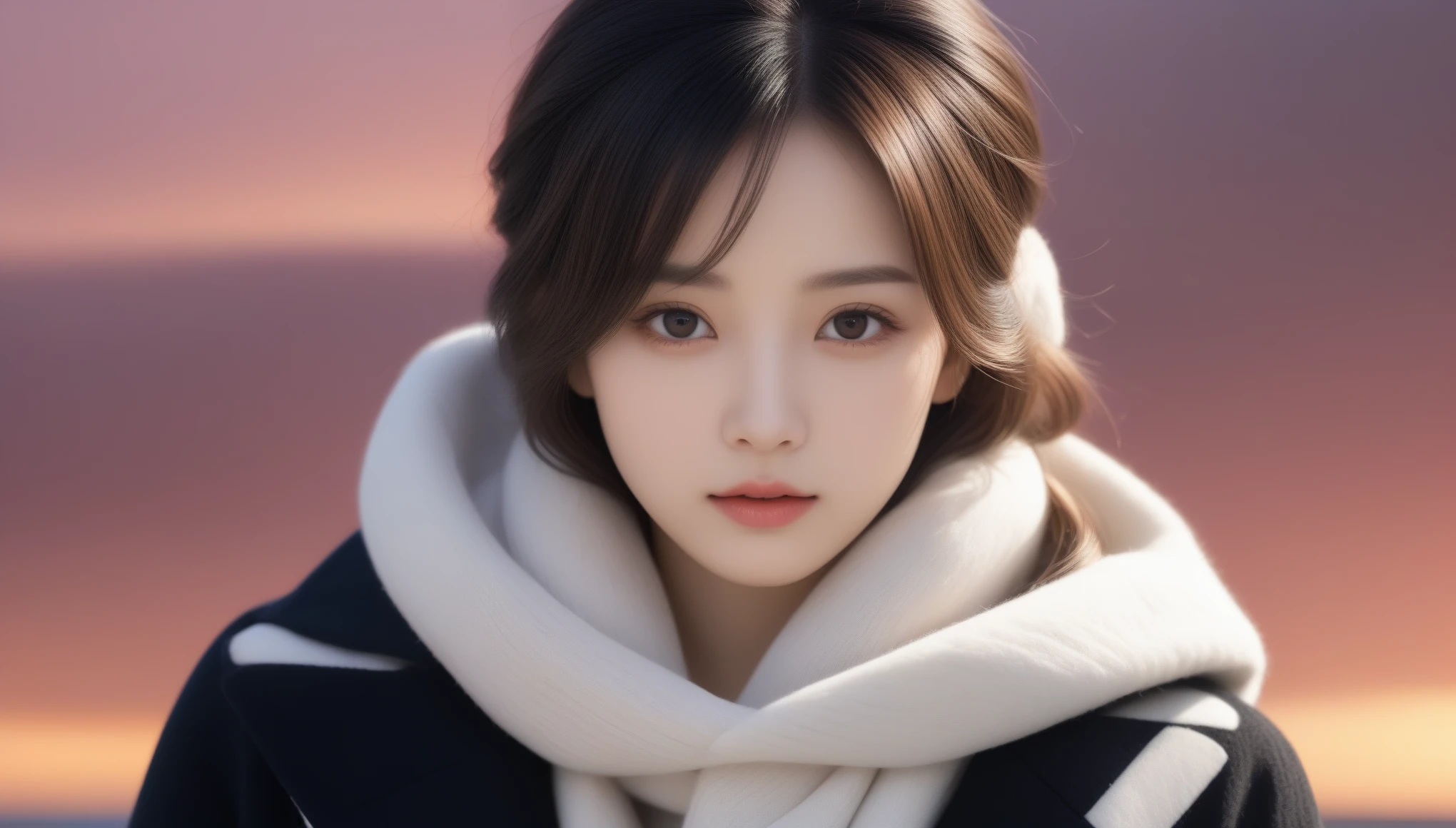 8K, 超High resolution, Highest quality, masterpiece, Surreal, photograph,Three-part method, 1 Girl, (16 years old:1.3), pretty girl, Cute face, Beautiful eyes in every detail,Japan Female Announcer,Close Up、Young Wife,(Wearing a long winter coat and scarf、Close-up of a thin black double-sided updo:1.5)、(The girl turned around with a sad look on her face.。, Her hair blowing in the wind on a winter beach:1.5)、(Blurred Background:1.5)、(red sky at sunset:1.5)、(Perfect Anatomy:1.5)、(Complete Hand:1.3)、(Full Finger:1.3)、Realistic、生photograph、Tabletop、Highest quality、High resolution、Delicate and beautiful、Perfect Face、Beautiful details、Fair skin、Real human skin,super cute super model、Look closely at the camera 、鮮明なdetailed、detailed、Surreal、Light and shadow,Strong light,Fashion magazine cover,Thin lips