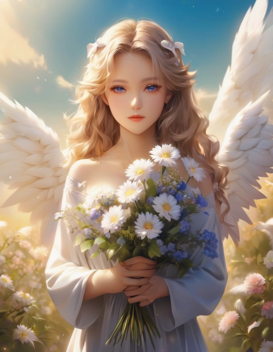 Close-up of a woman holding a bouquet, Beautiful angel, of an beautiful Angelic少女, Beautiful woman angel, portrait of a Beautiful angel, beautiful Angelic少女 portrait, of Beautiful angel, Angelic少女, Marie Angel, Angelic, Angelical, Angelic羽を持つ少女, Winged girl angel, Angelic絵がいっぱい, Beautiful digital art, Angel themed