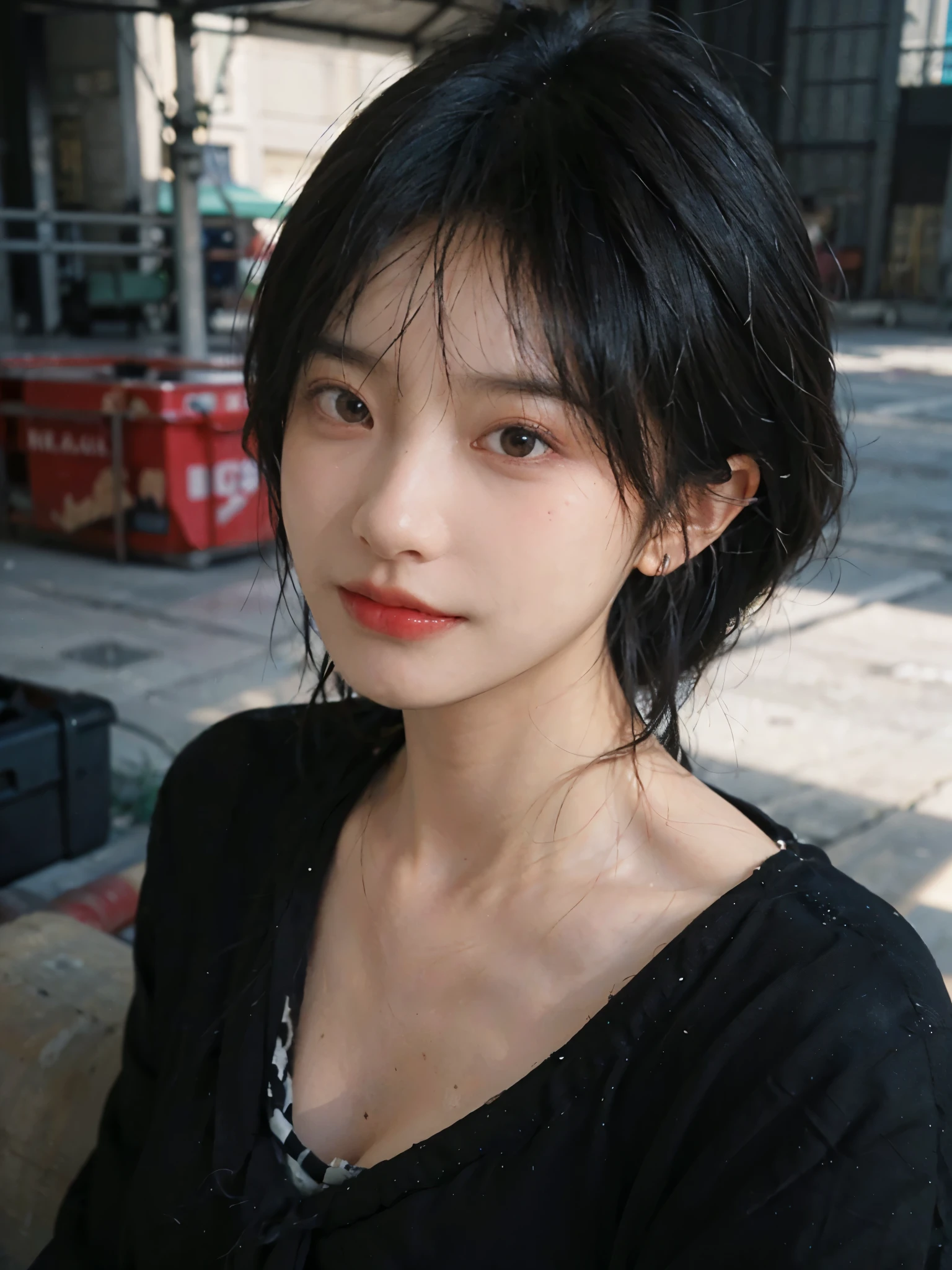 (Skin details:1.4), (smooth skin textures:1.3), (Upper body:1.4),(Upper Body:1.3),(Black clothes:1.4),Lipstick, background, earrings, serene, calm, (Realistic and detailed eyes:1.2), Natural skin texture, Realistic facial details, Soft dramatic lighting, Vivid details, 35 mm film, outdoor, (Photo Practical:1.4), (hyper Practical:1.4), (Practical:1.3), (Smoother lighting:1.05), (Improve lighting quality:0.9), (Highest quality real skin textures:1.4), Exquisite eyes, Delicate face, Close-up of face, (Enhance the beauty of skin texture:1.1),0Normal body proportions, short hair, Moles under the eyes, A faint smile,Portrait Photography, Depth of Field, Bokeh, Surrealism, Ray Tracing, (Portrait Photography:1.1), Surrealism, High Detail, Chiaroscuro, Ray Tracing, reflected light, Ultra HD, Ultra HD, masterpiece, Textured Skin, Super Detail, High Detail, high quality, best quality