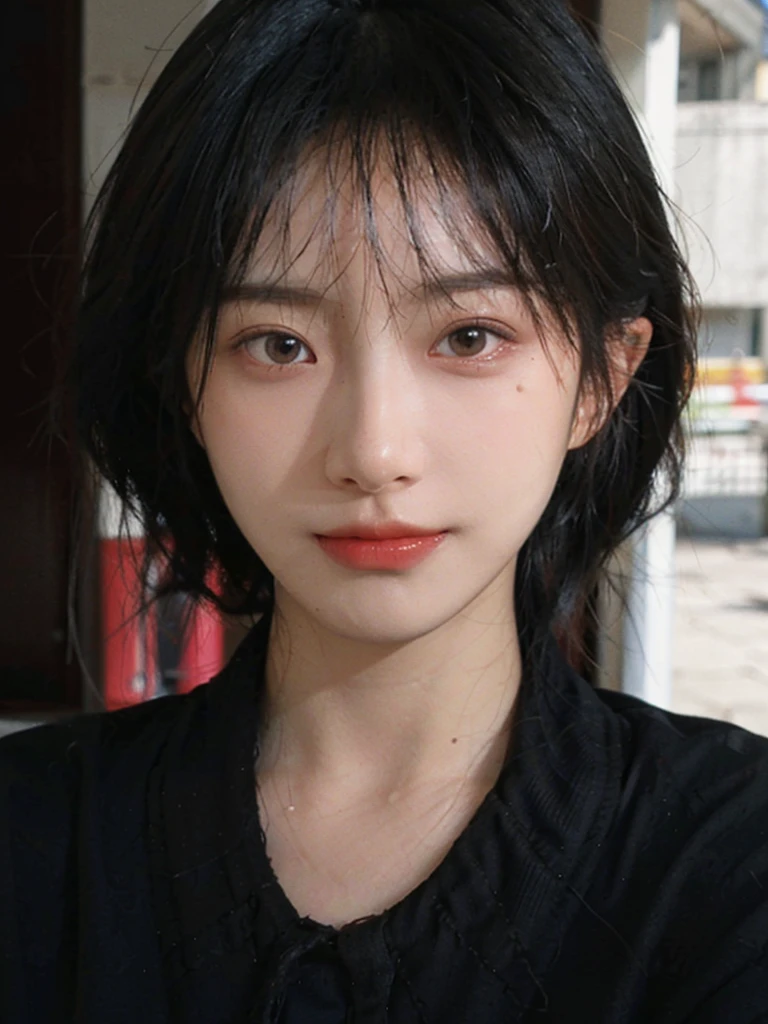 (Skin details:1.4), (smooth skin textures:1.3), （Upper body：1.4），（Upper Body：1.3)，(Black clothes:1.4)，Lipstick, background, earrings, serene, calm, (Realistic and detailed eyes：1.2）, Natural skin texture, Realistic facial details, Soft dramatic lighting, Vivid details, 35 mm film, outdoor, (Photo Practical:1.4), (hyper Practical:1.4), (Practical:1.3), (Smoother lighting:1.05), (Improve lighting quality:0.9), (Highest quality real skin textures:1.4), Exquisite eyes, Delicate face, Close-up of face, (Enhance the beauty of skin texture:1.1),0Normal body proportions, short hair, Moles under the eyes, A faint smile,Portrait Photography, Depth of Field, Bokeh, Surrealism, Ray Tracing, (Portrait Photography:1.1), Surrealism, High Detail, Chiaroscuro, Ray Tracing, reflected light, Ultra HD, Ultra HD, masterpiece, Textured Skin, Super Detail, High Detail, high quality, best quality