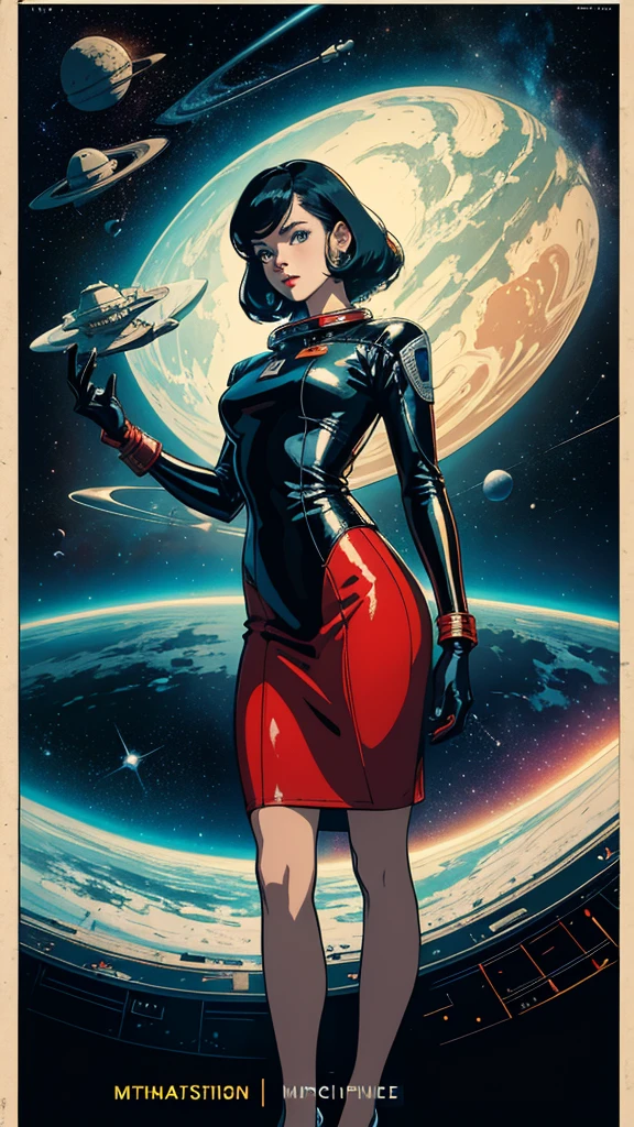 (masterpiece, highest quality), 8k wallpaper, very detailed, poster, vintage science fiction, 1960s,(((space thriller cinematic movie poster))), (bauhaus), shape,abstract, mid century modern, movie poster, vintage, Perfect Lady,anime,1970's,halftone,speech bubble