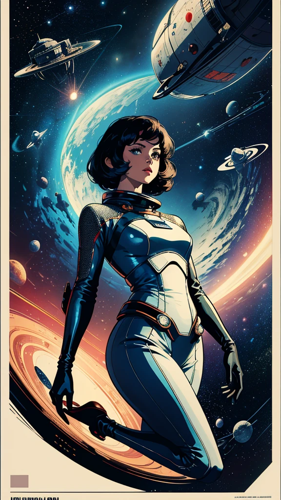 (masterpiece, highest quality), 8k wallpaper, very detailed, poster, vintage science fiction, 1960s,(((space thriller cinematic movie poster))), (bauhaus), shape,abstract, mid century modern, movie poster, vintage, Perfect Lady,anime,1970's,halftone,speech bubble