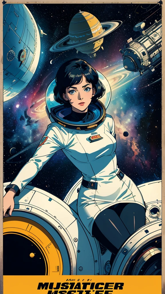 (masterpiece, highest quality), 8k wallpaper, very detailed, poster, vintage science fiction, 1960s,(((space thriller cinematic movie poster))), (bauhaus), shape,abstract, mid century modern, movie poster, vintage, Perfect Lady,anime,1970's,halftone,speech bubble
