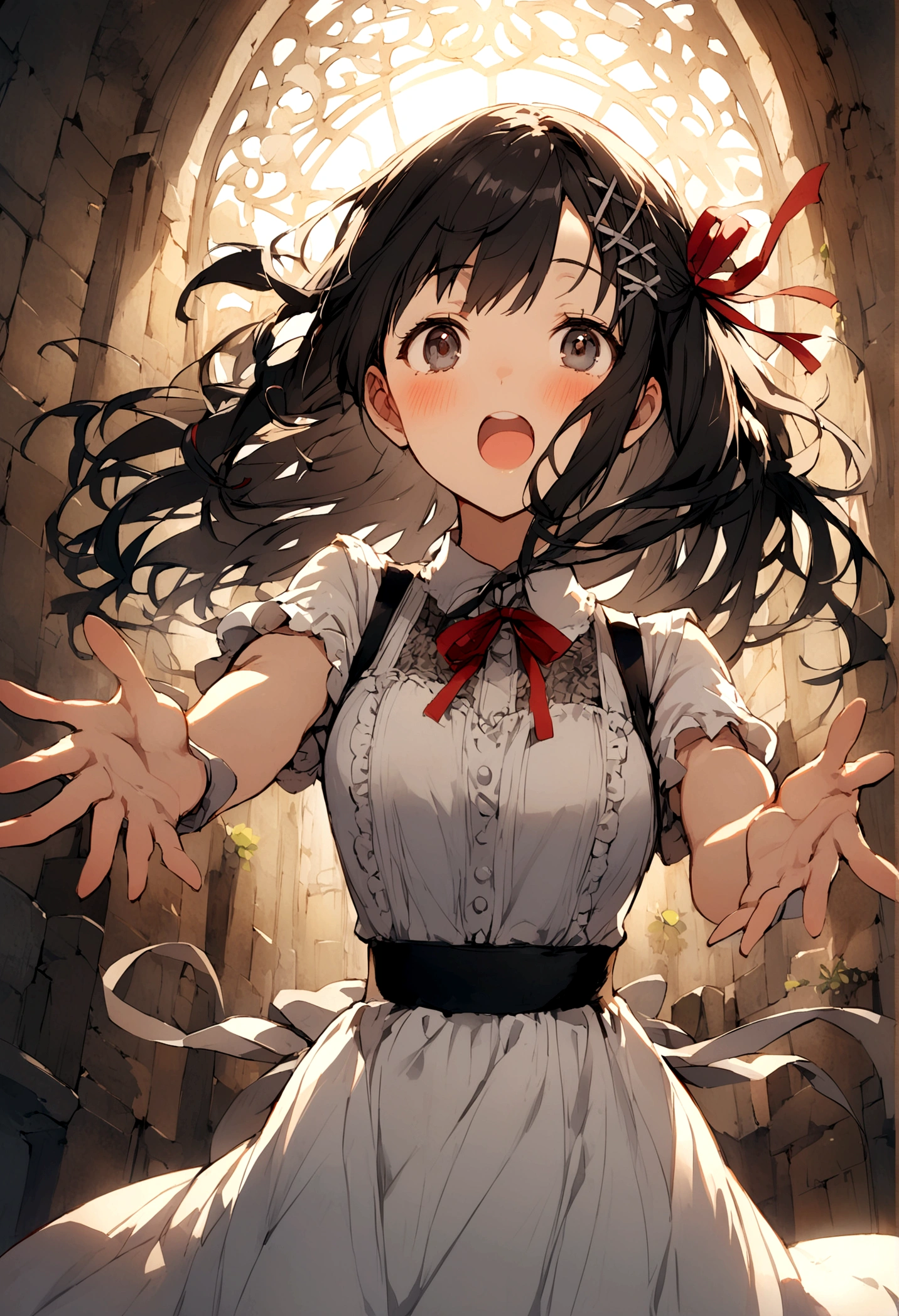 Black Hair、long、Grating、Ribbon hair ornament on the right、singing、Piece、Girl