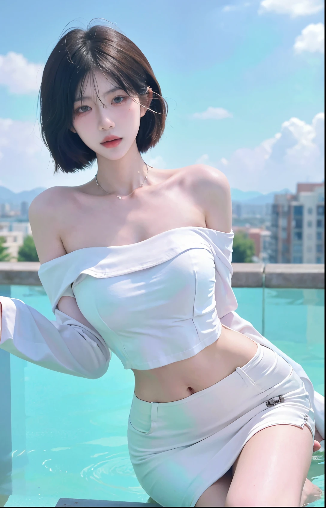 Beautiful woman with perfect figure:1.4,Swimming background,Desert Background,Ultra-high resolution,Seductive laughter,wear glasses,White legs,(lifelike:1.4),Layered Hairstyle,White skin,Black mini pleated skirt,whole body,Very delicate face and skin texture,Double eyelids,Skin Whitening,Long hair,White hair,White,