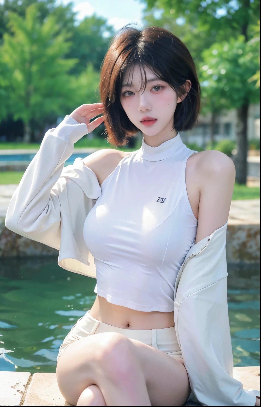 Beautiful woman with perfect figure:1.4,Swimming background,Desert Background,Ultra-high resolution,Seductive laughter,wear glasses,White legs,(lifelike:1.4),Layered Hairstyle,White skin,Black mini pleated skirt,whole body,Very delicate face and skin texture,Double eyelids,Skin Whitening,Long hair,White hair,White,