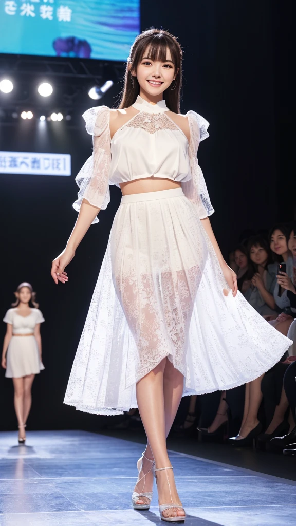 Amazingly large eyes、Smiling expression with white teeth visible、H cup bust、50cm waist、Slender and fair-skinned、Japan woman with long hair、20-year-old、Slim figure、Wearing a pleated skirt and a sheer lace blouse that flutters in the vivid breeze、Wearing high heels。On the runway at a fashion show、Her whole body was shown, from her high heels to her head, as she walked towards the viewer.、Bright, photo-quality images。
