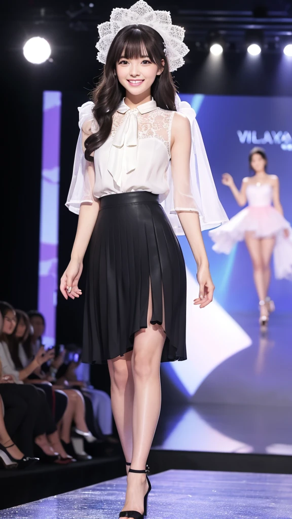 Amazingly large eyes、Smiling expression with white teeth visible、H cup bust、50cm waist、Slender and fair-skinned、Japan woman with long hair、20-year-old、Slim figure、Wearing a pleated skirt and a sheer lace blouse that flutters in the vivid breeze、Wearing high heels。On the runway at a fashion show、Her whole body was shown, from her high heels to her head, as she walked towards the viewer.、Bright, photo-quality images。