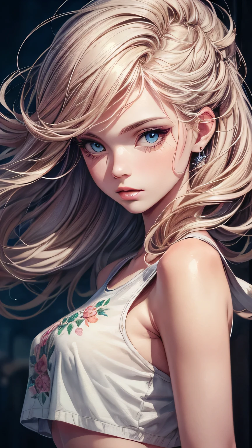 (masterpiece),(Highest quality:1.1),(Super detailed),Best illustrations,In detail,(Portraiture:1.1),(Watercolor),floating,One girl,solo,slim,(Very delicate and beautiful face),(Beautiful eyes in every detail),Pink thick lips,(Disheveled Hair),(Crop top),Soft and lazy,4K