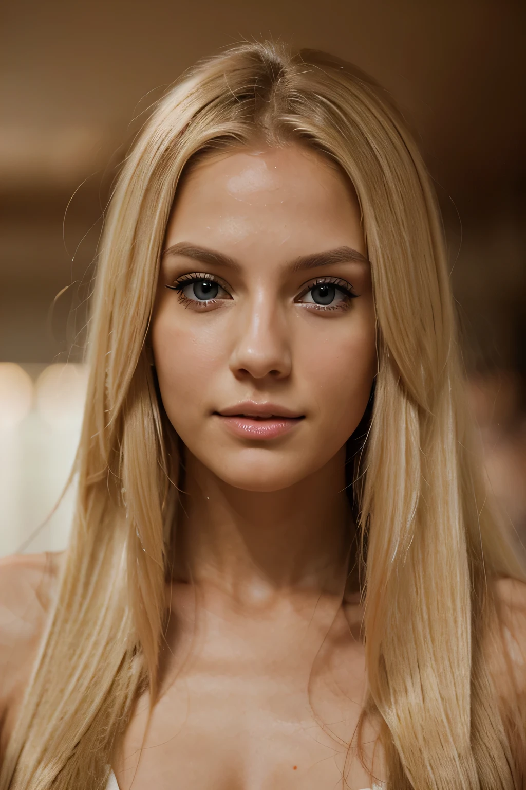 Photographs of a blonde woman with long hair ultra fast in 4k with not too smooth skin from the front